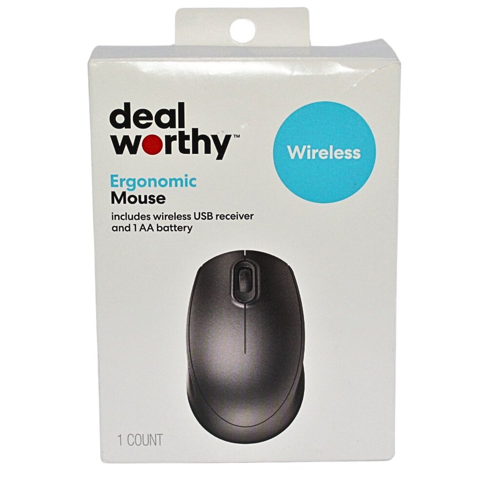 Dealworth Wireless Ergonomic Mouse Black. USB-A Radio Frequency Receiver.